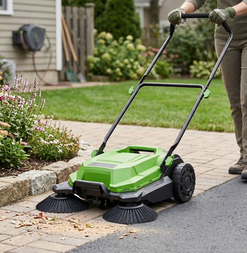 Hand Push Garden Sweeper Leaf Cleaner Manual Push Floor Sweeper with 24L Collection Box